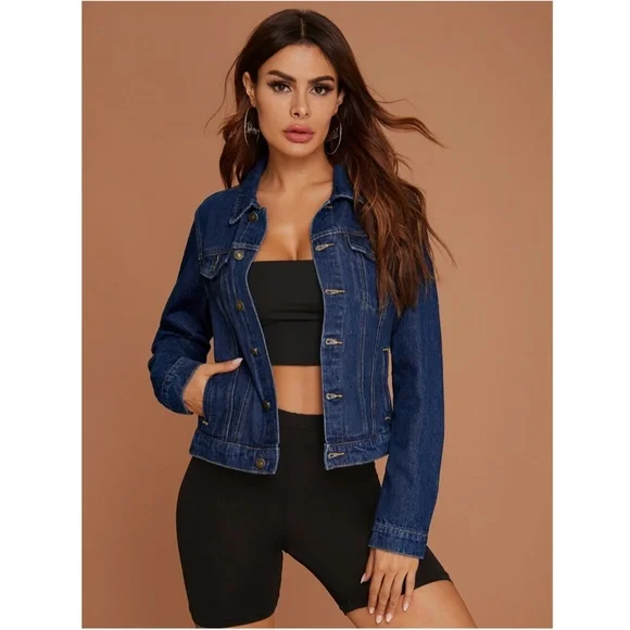 Dark Wash Blue Denim Jean Jacket Classic Button Up / Down Front Pockets - Picture 6 of 9